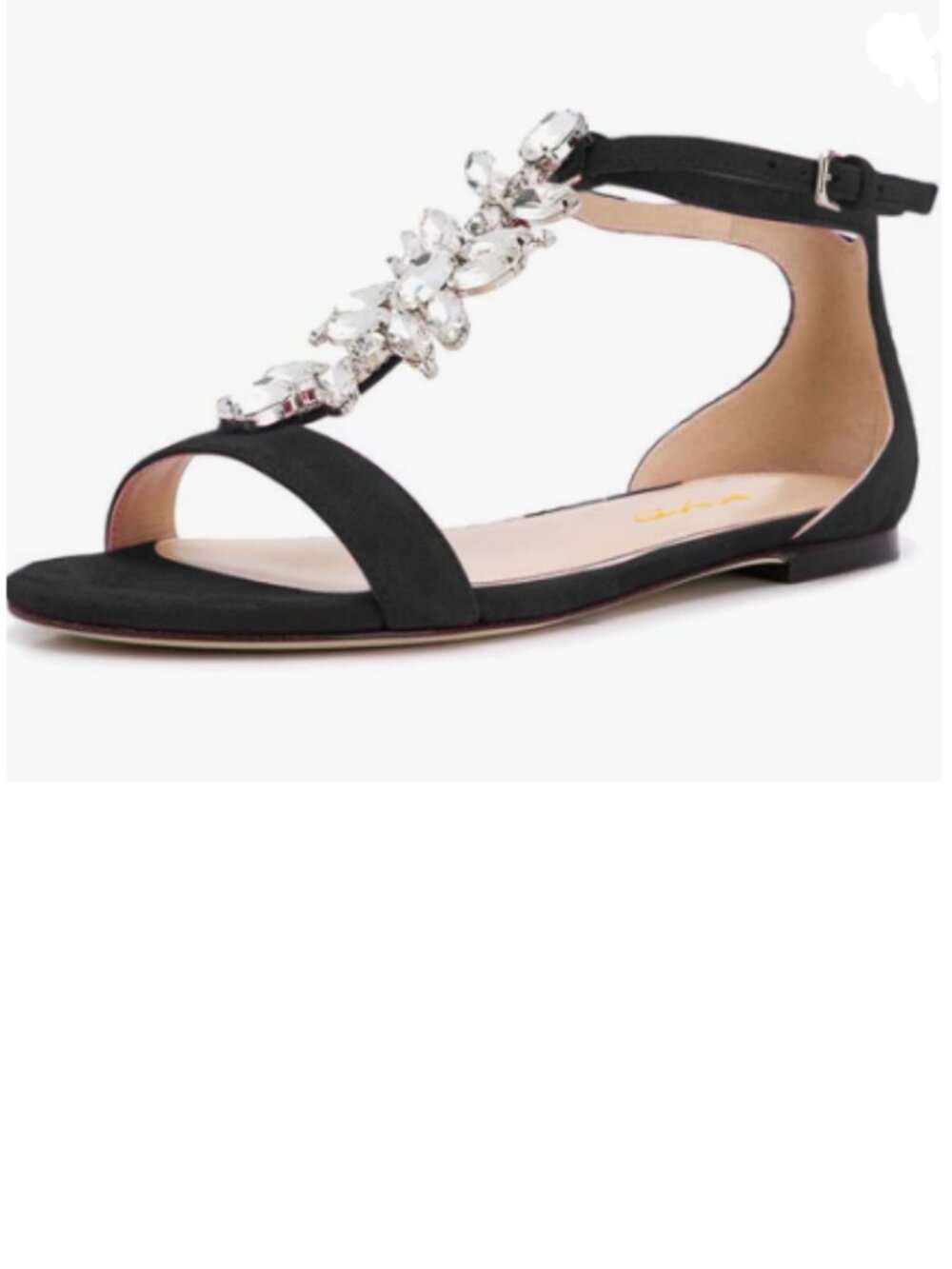 XYD Black Open Toe Rhinestone T-Strap Flat Sandals Ankle Strap Low Heel Shoes